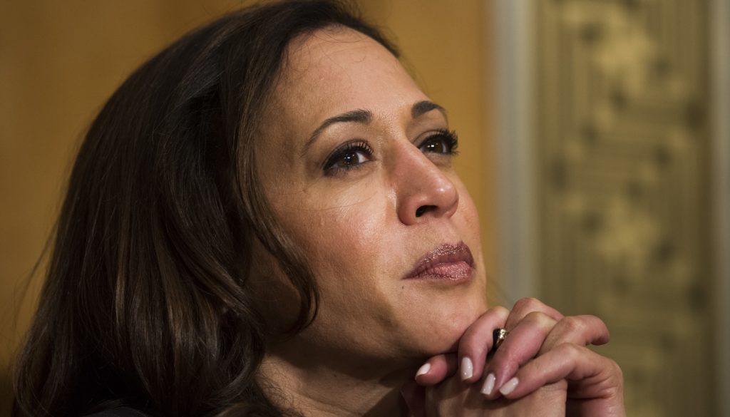 Sen. Kamala Harris, D-Calif., listens as Retired Marine Gen. John F. Kelly testifies during the Senate Homeland Security Committee hearing on his confirmation to be Secretary of Homeland Security on Capitol Hill in Washington, Tuesday, Jan. 10, 2017. (AP Photo/Cliff Owen)