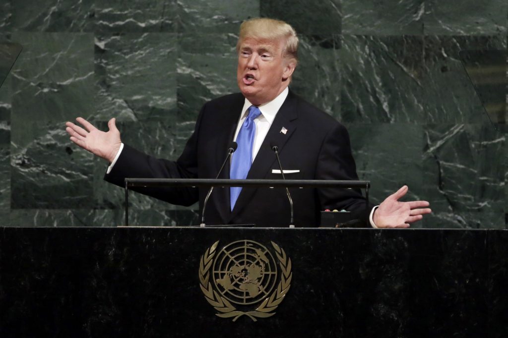 U.S. President Donald Trump addresses the 72nd session of the United Nations General Assembly, at U.N. headquarters, Tuesday, Sept. 19, 2017. (AP Photo/Richard Drew)
