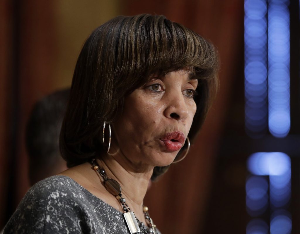 Baltimore Mayor Catherine Pugh speaks at a news conference at City Hall in Baltimore, Tuesday, April 4, 2017, in response to the Department of Justice's request for a 90-day delay of a hearing on its proposed overhaul of the Baltimore Police Department. (AP Photo/Patrick Semansky)