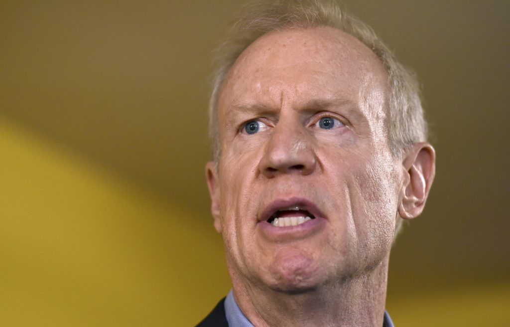 FILE - In this July 5, 2017, photo, Illinois Gov. Bruce Rauner speaks during a news conference in Chicago. Rauner is hardening his anti-tax stance as he readies a re-election bid following a major legislative defeat. (AP Photo/G-Jun Yam, File)