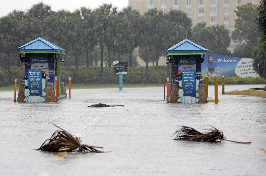 The entrance to the Sea World of Orlando is closed because of Hurricane Irma, Sunday, Sept. 10, 2017, in Orlando, Fla. Other tourists attractions including Universal Studios and Disney World were also closed and planned to reopen Tuesday. (AP Photo/John Raoux)