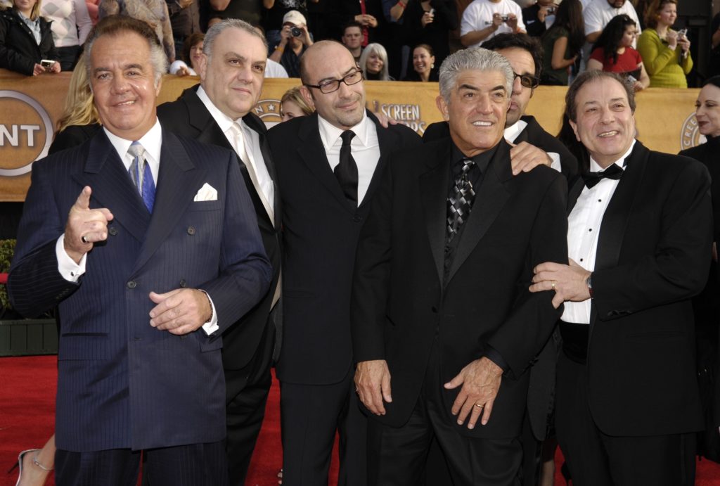 Tony Sirico, left, Vincent Curatola, second from left, John Ventimiglia, center, Frank Vincent, third from right, Robert Funaro, second from right, and Dan Grimaldi, from television's "The Sopranos," pose for photographers at the 13th Annual Screen Actors Guild Awards on Sunday, Jan. 28, 2007, in Los Angeles. (AP Photo/Chris Pizzello)