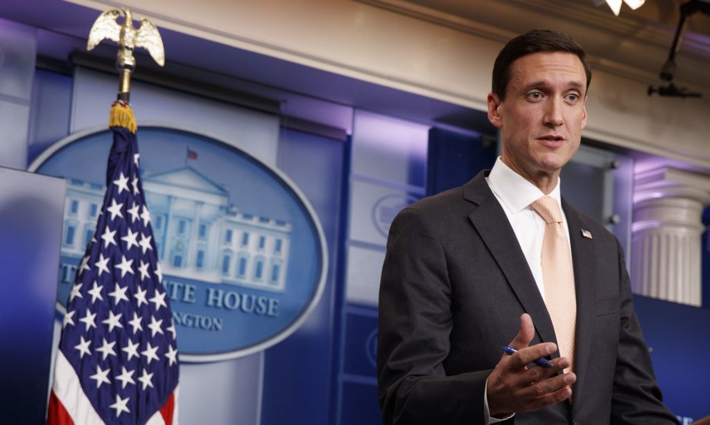 White House homeland security adviser Tom Bossert speaks during the daily press briefing, Thursday, Aug. 31, 2017, in Washington. (AP Photo/Evan Vucci)
