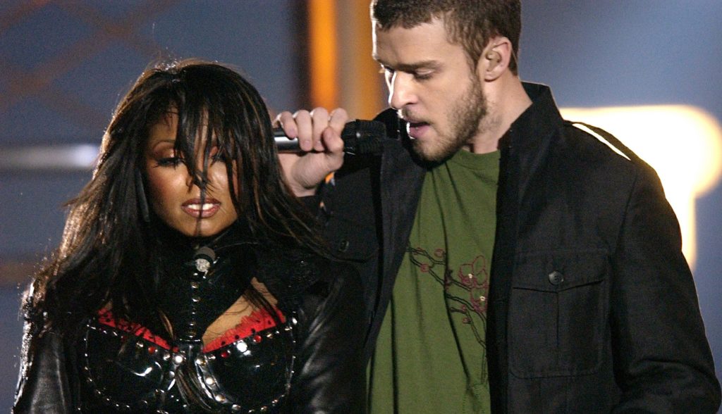 FILE - In this Feb. 1, 2004 file photo, singers Justin Timberlake and Janet Jackson are seen during their performance prior to a wardrobe malfunction during the half time performance at Super Bowl XXXVIII in Houston. The Supreme Court decided Friday not to consider reinstating the government's $550,000 fine on CBS for Janet Jackson's infamous breast-bearing "wardrobe malfunction" at the 2004 Super Bowl. (AP Photo/David Phillip, file)