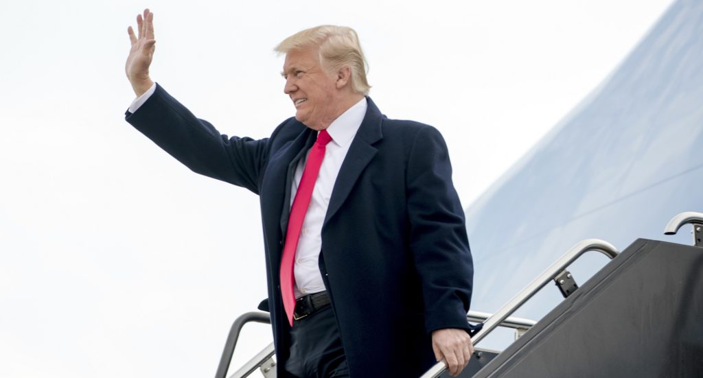 President Donald Trump arrives at St. Louis Lambert International Airport, Wednesday, Nov. 29, 2017, in St. Louis, where he will speak about tax reform. (AP Photo/Andrew Harnik)