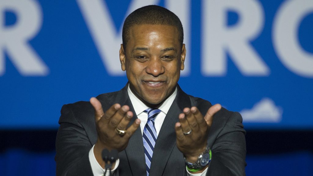 CORRECTS FAIRFAX'S FIRST NAME TO JUSTIN FROM JUSTINE - Democrat Lt. Gov.-elect Justin Fairfax addresses the Ralph Northam For Governor election night party at George Mason University in Fairfax, Va., Tuesday, Nov. 7, 2017. (AP Photo/Cliff Owen)
