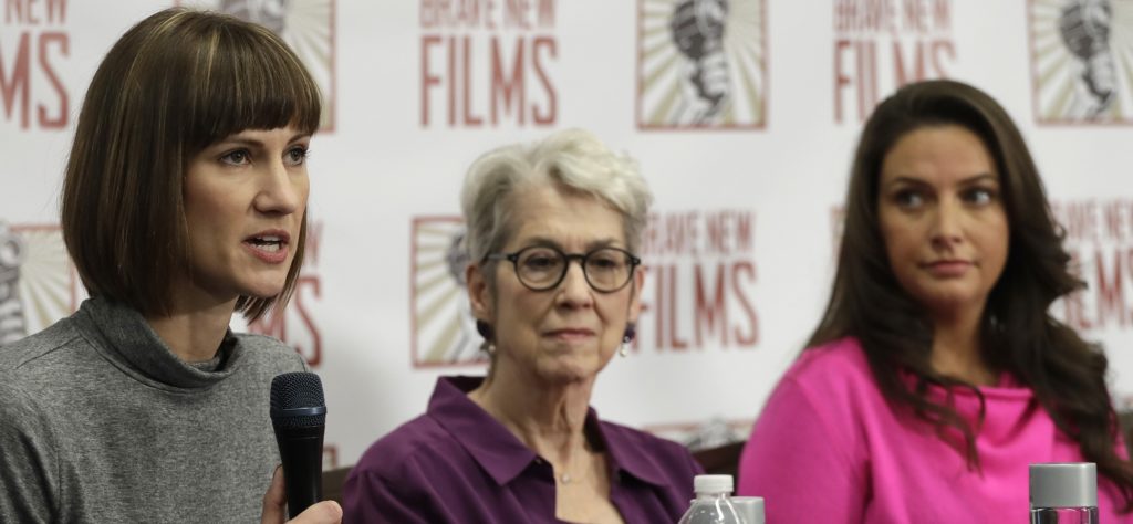 Rachel Crooks, left, Jessica Leeds, center, and Samantha Holvey attend a news conference, Monday, Dec. 11, 2017, in New York to discuss their accusations of sexual misconduct against Donald Trump. The women, who first shared their stories before the November 2016 election, called for a congressional investigation into Trump's alleged behavior. (AP Photo/Mark Lennihan)