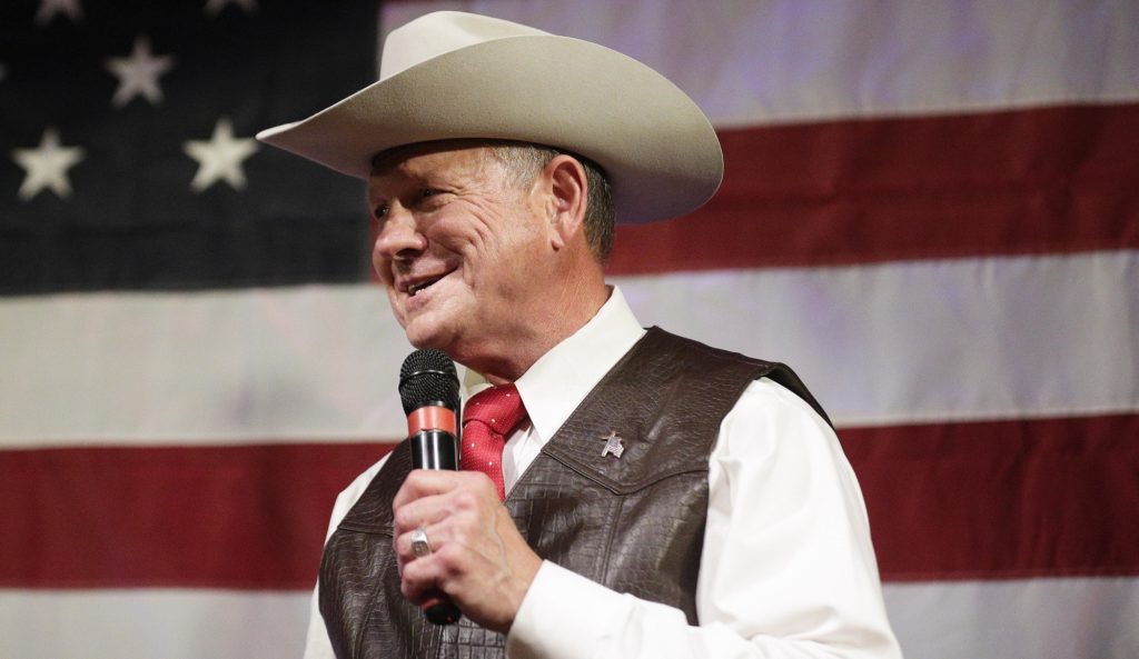 Former Alabama Chief Justice and U.S. Senate candidate Roy Moore speaks at a rally, Monday, Sept. 25, 2017, in Fairhope, Ala. (AP Photo/Brynn Anderson)