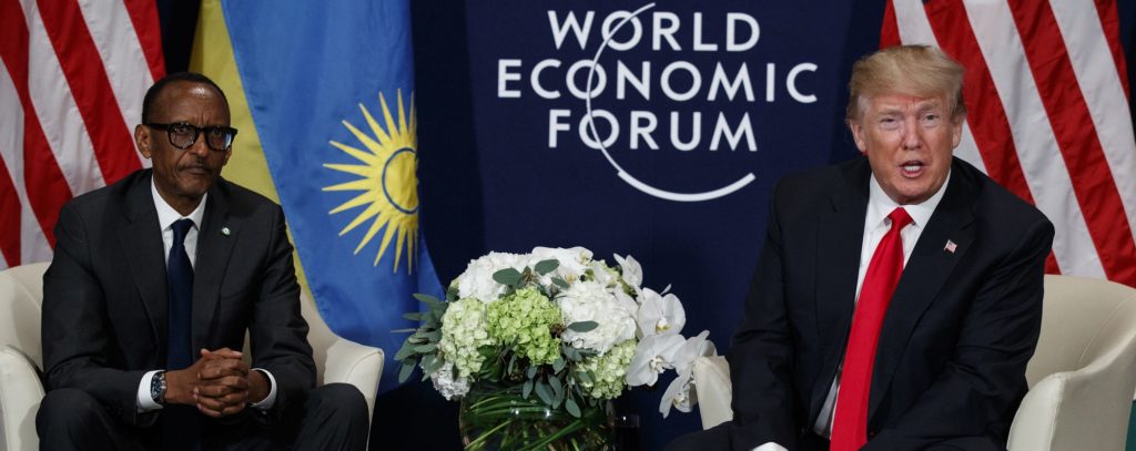 U.S. President Donald Trump meets with Rwandan President Paul Kagame, left, at the World Economic Forum, Friday, Jan. 26, 2018, in Davos, Switzerland. (AP Photo/Evan Vucci)