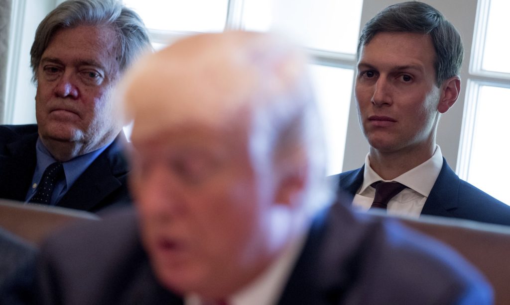 White House Senior Advisers Steve Bannon, left, and Jared Kushner, listen as President Donald Trump speaks during a Cabinet meeting, Monday, June 12, 2017, in the Cabinet Room of the White House in Washington. (AP Photo/Andrew Harnik)