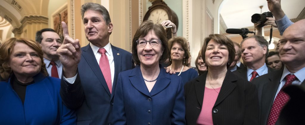 Celebrating their bipartisan effort, senators gather outside the chamber following a procedural vote aimed at reopening the government, at the Capitol in Washington, Monday, Jan. 22, 2018. From left are, Sen. Heidi Heitkamp, D-N.D., Sen. Joe Donnelly, D-Ind., Sen. Joe Manchin, D-W.Va., Sen. Susan Collins, R-Maine, Sen. Lisa Murkowski, R-Alaska, Sen. Amy Klobuchar, D-Minn., Sen. Doug Jones, D-Ala., and Sen. Chris Coons, D-Del. (AP Photo/J. Scott Applewhite)