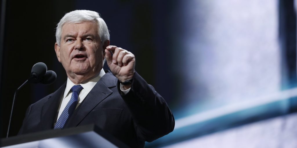 Former Speaker of the House Newt Gingrich speaks during the third day session of the Republican National Convention in Cleveland, Wednesday, July 20, 2016. (AP Photo/Mary Altaffer)