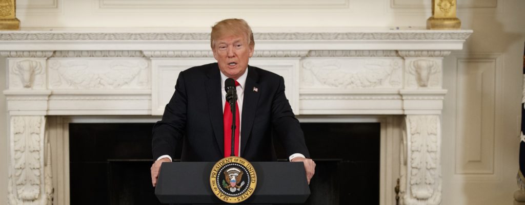 President Donald Trump speaks during a meeting with the members of the National Governors Association in the State Dining Room of the White House, Monday, Feb. 26, 2018, in Washington. (AP Photo/Evan Vucci)