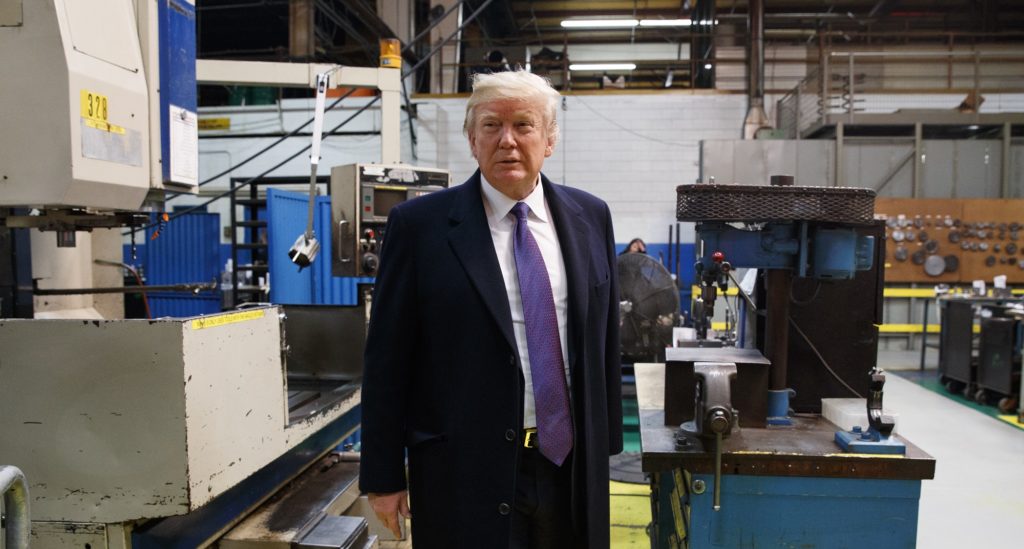 President Donald Trump participates in a tour of Sheffer Corporation to promote his tax policy, Monday, Feb. 5, 2018, in Blue Ash, Ohio.(AP Photo/Evan Vucci)