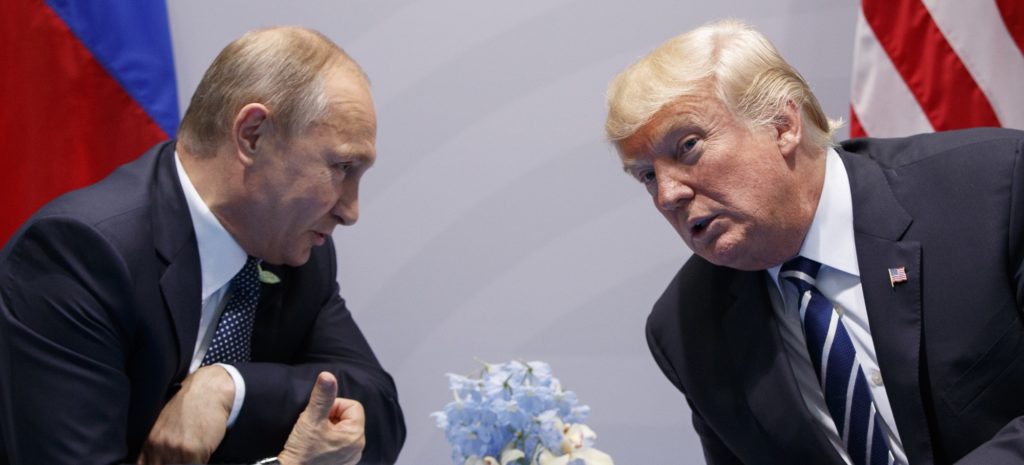 2017 AP YEAR END PHOTOS - U.S. President Donald Trump meets with Russian President Vladimir Putin at the G-20 Summit on July 7, 2017, in Hamburg. Trump and Putin met for more than two hours. (AP Photo/Evan Vucci)