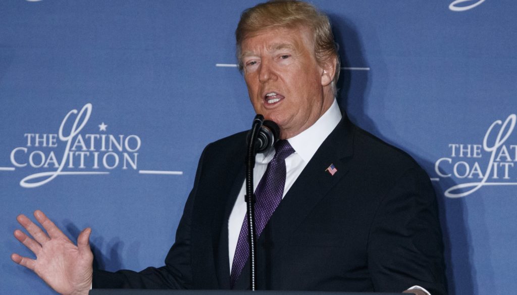 President Donald Trump speaks at the Latino Coalition Legislative Summit, Wednesday, March 7, 2018, in Washington. (AP Photo/Evan Vucci)