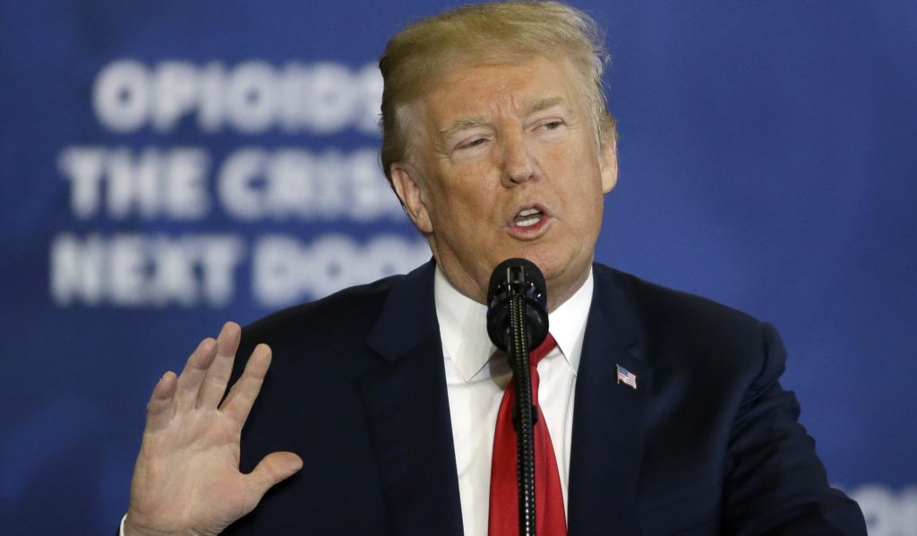 President Donald Trump speaks about his plan to combat opioid drug addiction at Manchester Community College, Monday, March 19, 2018, in Manchester, N.H. (AP Photo/Elise Amendola)