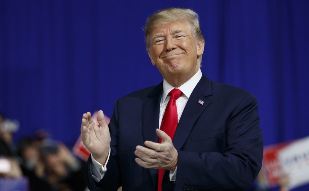 U.S. President Donald Trump arrives to speak at a campaign rally at Atlantic Aviation in Moon Township, Pa., Saturday, March 10, 2018. (AP Photo/Carolyn Kaster)