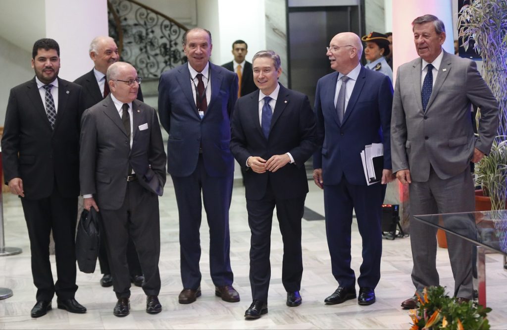 Brazil's Industry and Commerce Minister Marcos Jorge, from left, Argentina's Foreign Ministers Jorge Faurie, Brazil's Foreign Minister Aloysio Nunez, Canada's International Trade Minister François-Philippe Champagne, Paraguay's Foreign Minister Eladio Loizaga, and Uruguay's Foreign Minister Rodolfo Nin Novoa, arrive for a signing ceremony between the South American trade bloc Mercosur and Canada, in Asuncion, Paraguay, Friday, March 9, 2018. (AP Photo/Jorge Saenz)