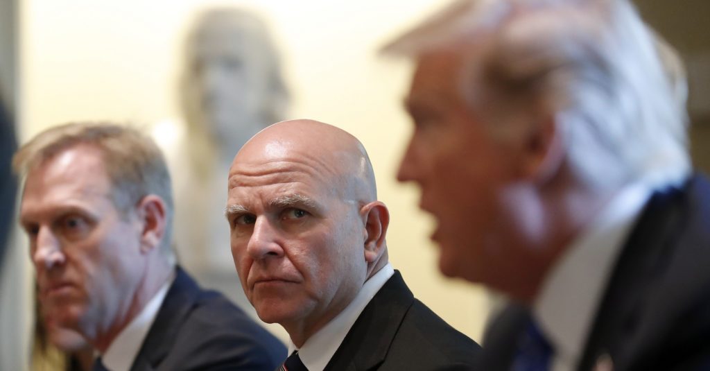 White House national security adviser H.R. McMaster, center, listens as President Donald Trump speaks during a meeting with Malaysian Prime Minister Najib Razak in the Cabinet Room of the White House, Tuesday, Sept. 12, 2017, in Washington. (AP Photo/Alex Brandon)