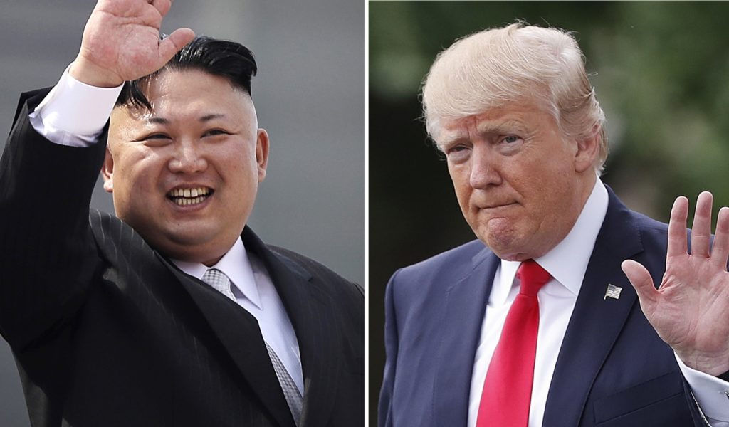 FILE - This combination of photos show North Korean leader Kim Jong Un on April 15, 2017, in Pyongyang, North Korea, left, and U.S. President Donald Trump in Washington on April 29, 2017. A dictator stands on the verge of possessing nuclear missiles that threaten U.S. shores. A worried world ponders airstrikes and sanctions. (AP Photo/Wong Maye-E, Pablo Martinez Monsivais, Files)