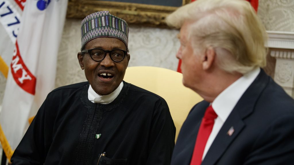 President Donald Trump meets with Nigerian President Muhammadu Buhari in the Oval Office of the White House, Monday, April 30, 2018, in Washington. (AP Photo/Evan Vucci)