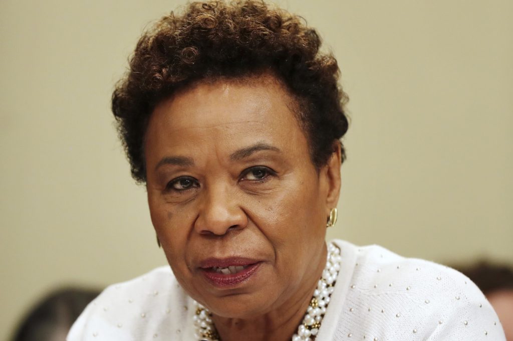 House Budget Committee member Rep. Barbara Lee, D-Calif. questions Budget Director Mick Mulvaney on Capitol Hill in Washington, Wednesday, May 24, 2017, during the committee's hearing on President Donald Trump's fiscal 2018 federal budget. (AP Photo/Jacquelyn Martin)
