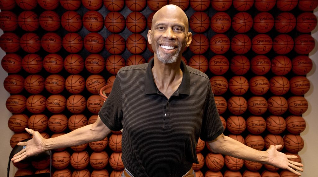 In this Monday, Feb. 12, 2018 photo, Kareem Abdul-Jabbar poses in his office, in Newport Beach, Calif. Abdul-Jabbar has been a best-selling author, civil-rights activist, actor, historian and one of the greatest basketball players who ever lived. This fall Abdul-Jabbar will embark on a cross-country tour as part of “Becoming Kareem,” a stage show in which he’ll discuss his life, answer audience questions and talk about the key mentors in his life he says helped him achieve his goals along the way. (AP Photo/Mark J. Terrill)