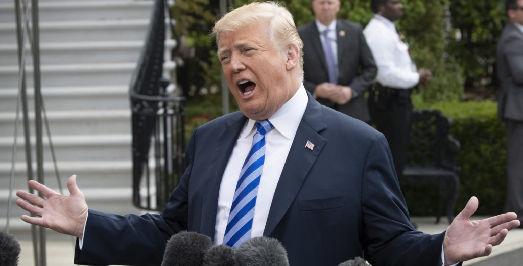 President Donald Trump talks to the media as he leaves for Dallas to address the National Rifle Association, Friday, May 4, 2018 at the White House in Washington.  (AP Photo/J. Scott Applewhite)