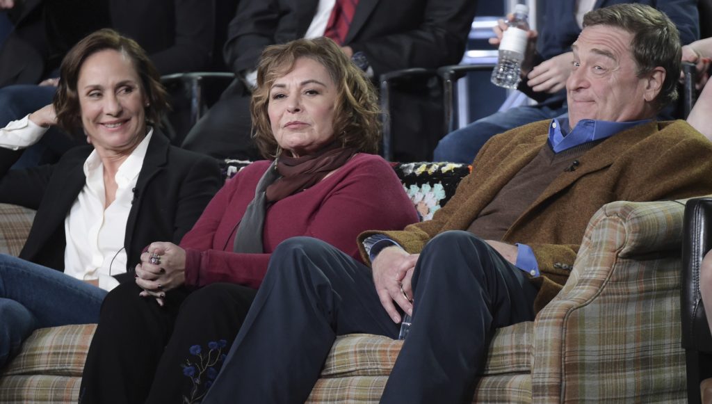 Laurie Metcalf, left, Roseanne Barr and John Goodman participate in the "Roseanne" panel during the Disney/ABC Television Critics Association Winter Press Tour on Monday, Jan. 8, 2018, in Pasadena, Calif. (Photo by Richard Shotwell/Invision/AP)