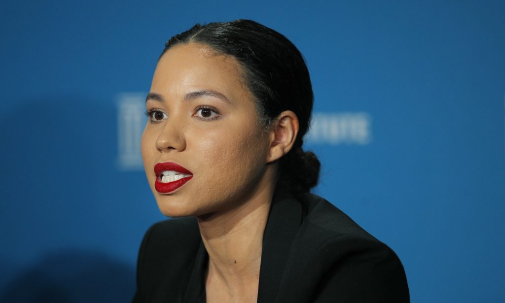 Actress Jurnee Smollett-Bell speaks during a discussion on feminism at the Milken Institute Global Conference Monday, April 30, 2018, in Beverly Hills, Calif. (AP Photo/Jae C. Hong)