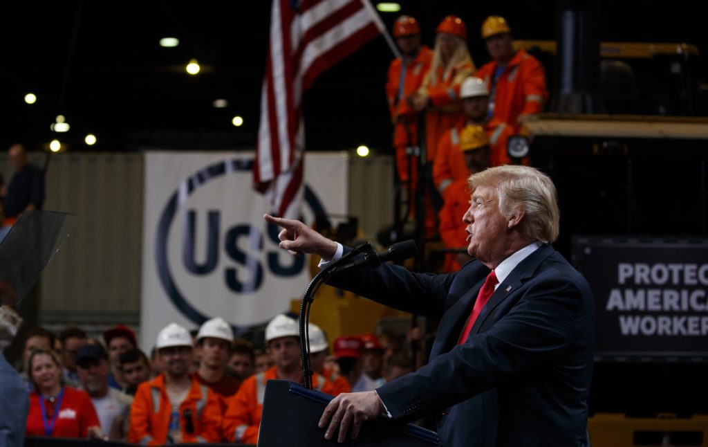 President Donald Trump speaks on trade at Granite City Works Steel Coil Warehouse, Thursday, July 26, 2018, Granite City, Ill. (AP Photo/Evan Vucci)