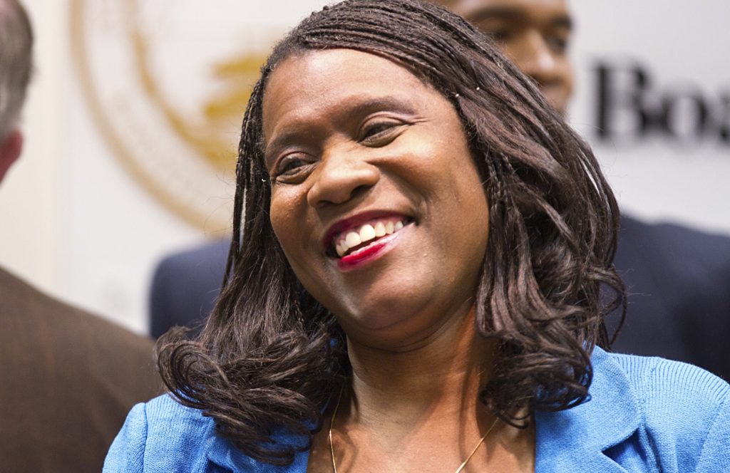 Glenda Baskin Glover accepts congratulations after a Tennessee Board of Regents vote to make her the new president of Tennessee State University in Nashville, Tenn., on Tuesday, Nov. 27, 2012. (AP Photo/Erik Schelzig)