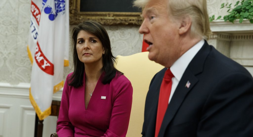 President Donald Trump speaks during a meeting with outgoing U.S. Ambassador to the United Nations Nikki Haley in the Oval Office of the White House, Tuesday, Oct. 9, 2018, in Washington. (AP Photo/Evan Vucci)