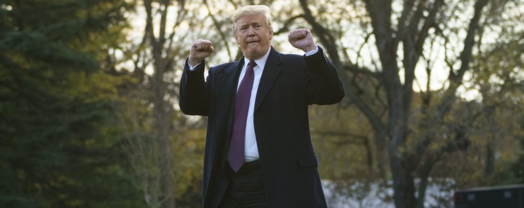 President Donald Trump gestures as he walks to Marine One after speaking to media at the White House in Washington, Tuesday, Nov. 20, 2018, for the short trip to Andrews Air Force Base en route to Palm Beach International Airport, in West Palm Beach, Fla., and on to and onto Mar-a-Lago. (AP Photo/Carolyn Kaster)