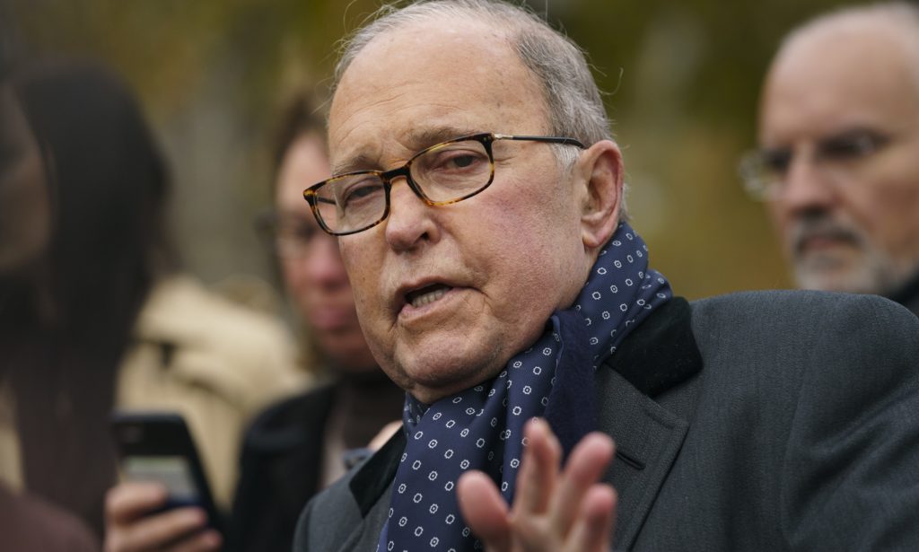 White House chief economic adviser Larry Kudlow talks to reporters outside the White House in Washington, Tuesday, Nov. 20, 2018. (AP Photo/Carolyn Kaster)