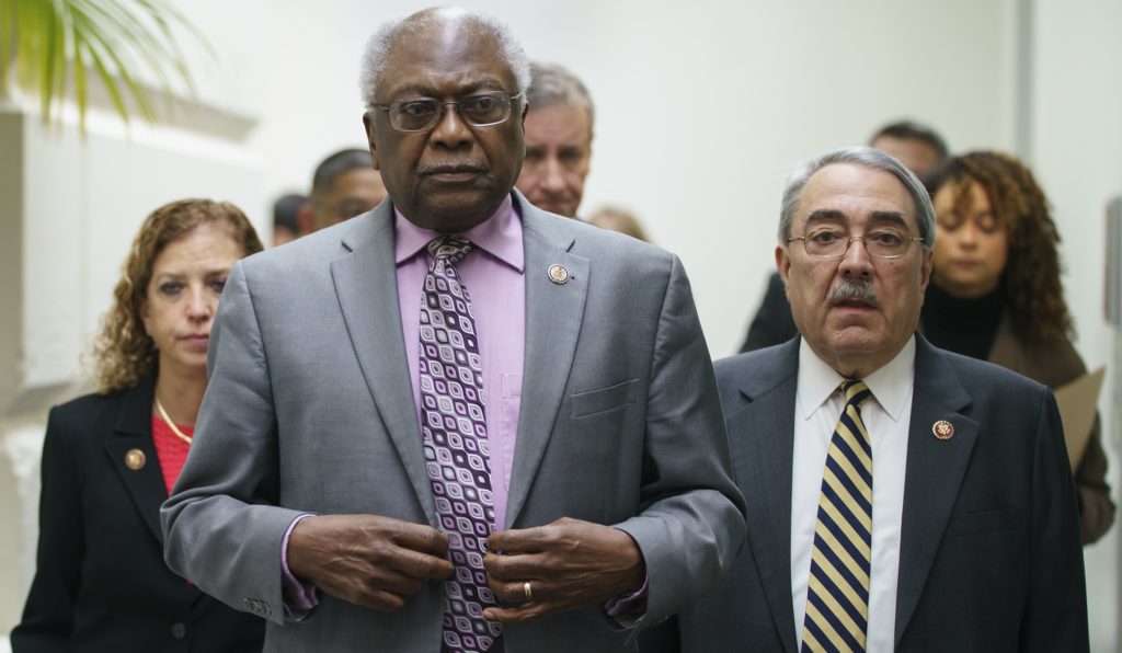 House Majority Whip James Clyburn, D-S.C., center, joined by Rep. Debbie Wasserman Schultz, D-Fla., left, and Rep. G.K. Butterfield, D-N.C., right, arrive to speak at a news conference on Capitol Hill in Washington, Thursday, Jan. 17, 2019, following weekly Whip meeting. (AP Photo/Carolyn Kaster)