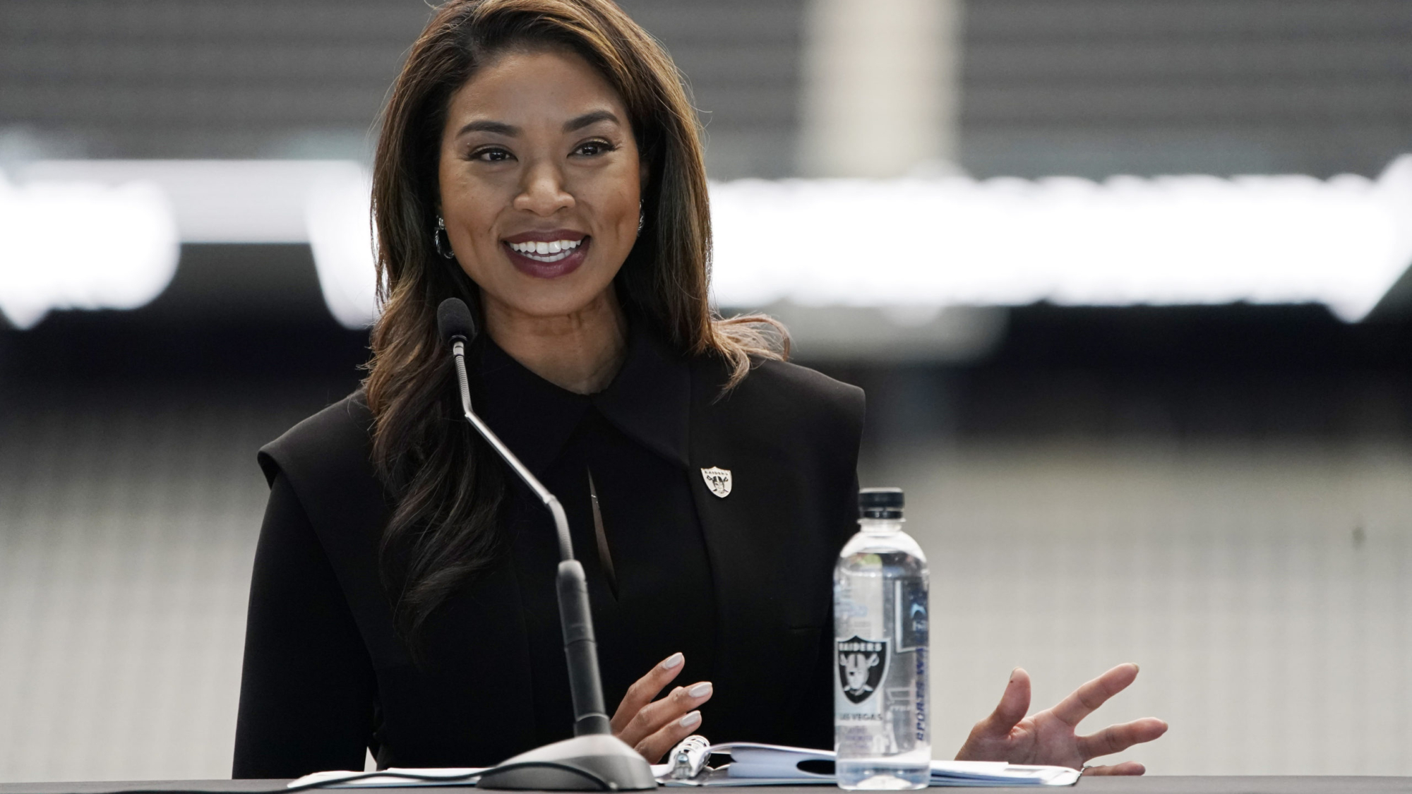 Sandra Douglass Morgan speaks during a news conference announcing her as the new president of the Las Vegas Raiders NFL football team Thursday, July 7, 2022, in Las Vegas. (AP Photo/John Locher)