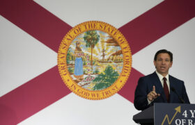 Florida Governor Ron DeSantis speaks during a press conference to sign several bills related to public education and increases in teacher pay, in Miami, Tuesday, May 9, 2023.