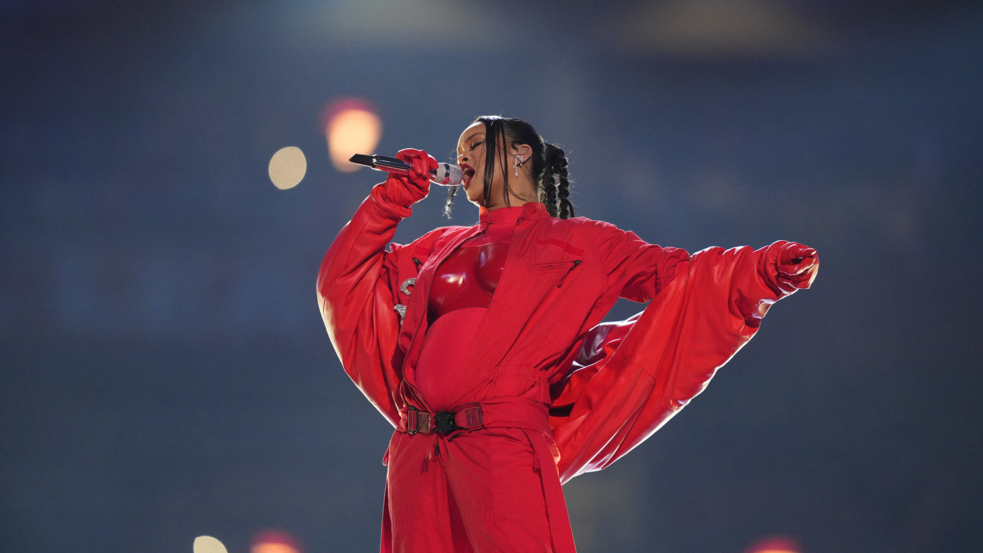 Rihanna performs during the halftime show at the NFL Super Bowl 57 football game between the Kansas City Chiefs and the Philadelphia Eagles, Sunday, Feb. 12, 2023, in Glendale, Ariz. (AP Photo/Matt Slocum)